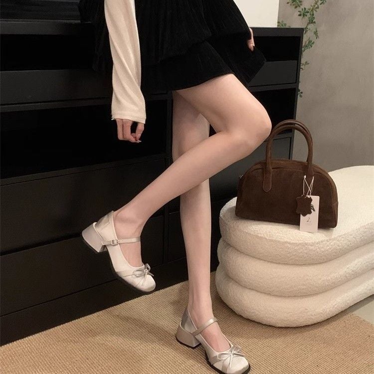 Satin Bow Square Toe Mary Jane Heels 2025 Spring And Style Matchinging Skirt One-Line Buckle Shoes - Image 3