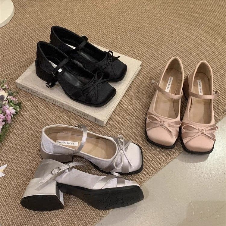 Satin Bow Square Toe Mary Jane Heels 2025 Spring And Style Matchinging Skirt One-Line Buckle Shoes - Image 2