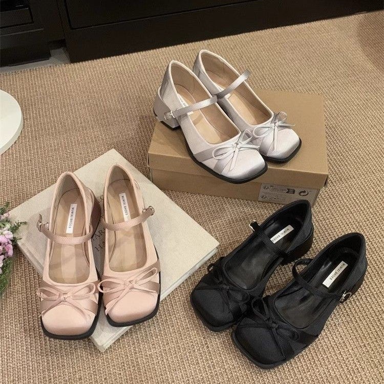 Satin Bow Square Toe Mary Jane Heels 2025 Spring And Style Matchinging Skirt One-Line Buckle Shoes - Image 4