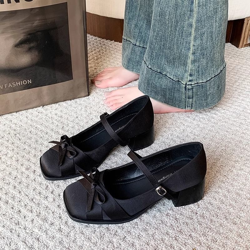 Satin Bow Square Toe Mary Jane Heels 2025 Spring And Style Matchinging Skirt One-Line Buckle Shoes - Image 1