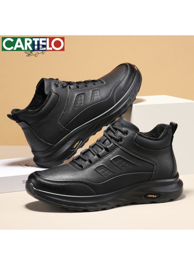 Cartelo Autumn Winter Warm Fleece-lined Leather Thick-soled Casual Men's Shoes Shock Absorption Business Leather Shoes 5219m Black 38 - Image 1