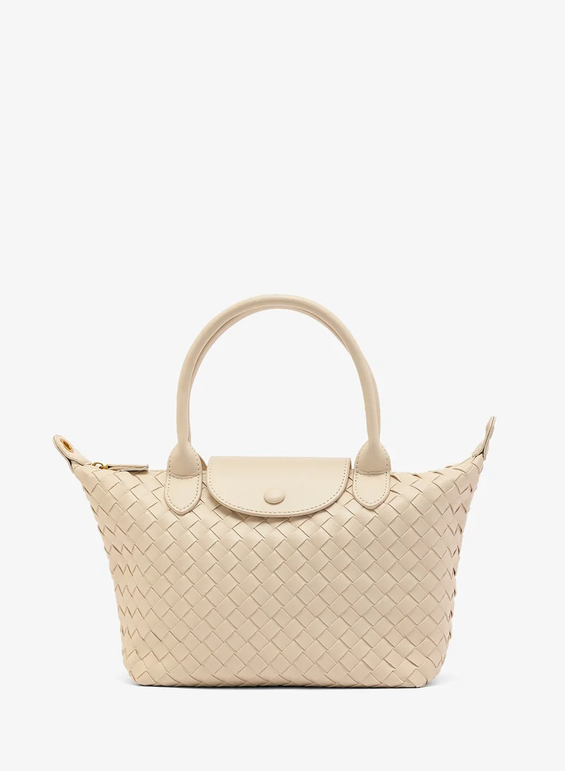 Ella White Woven Textured Top Handle Medium Clutch With Strap for Women | Best Price UAE