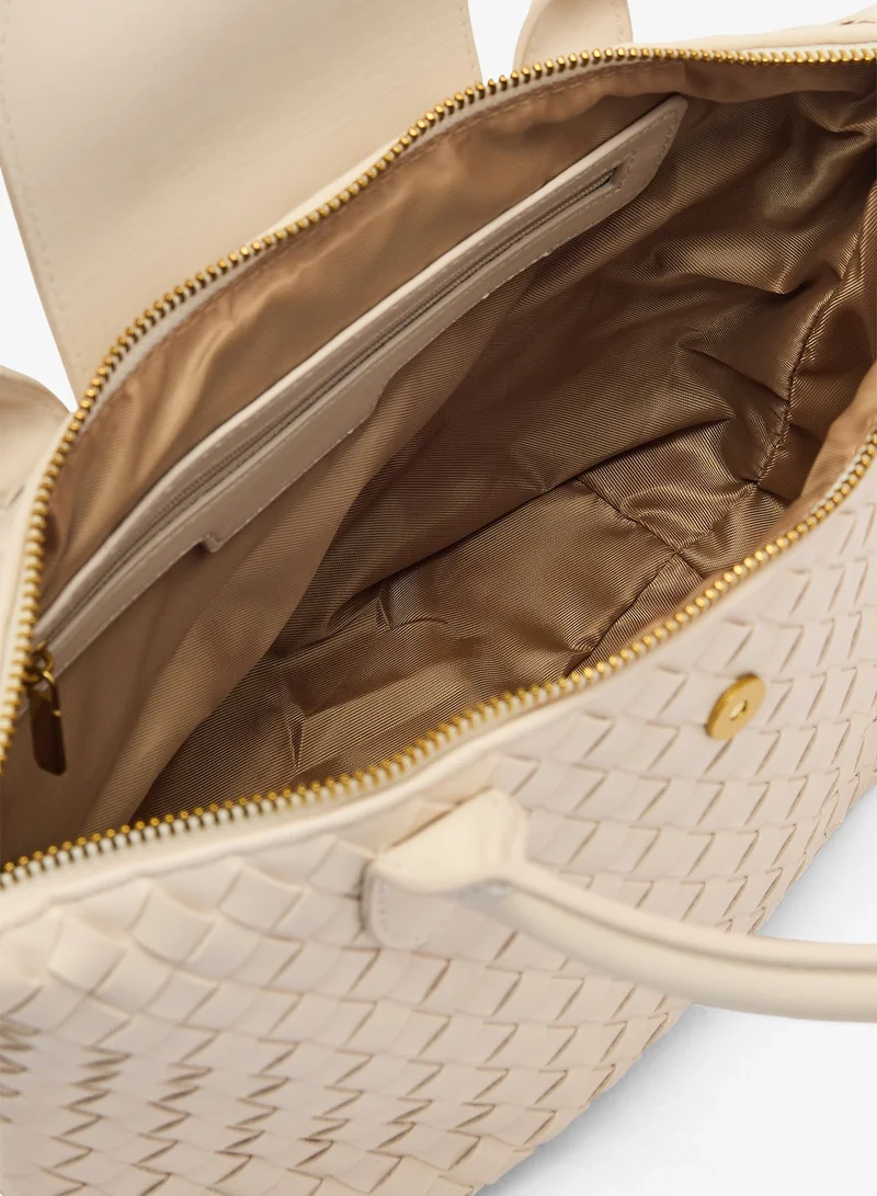 Ella White Woven Textured Top Handle Medium Clutch With Strap for Women | Best Price UAE