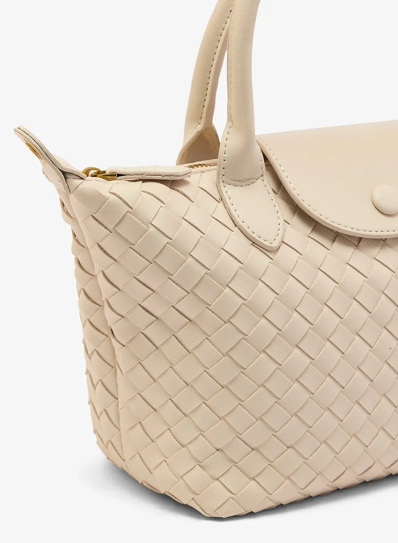 Ella White Woven Textured Top Handle Medium Clutch With Strap for Women | Best Price UAE