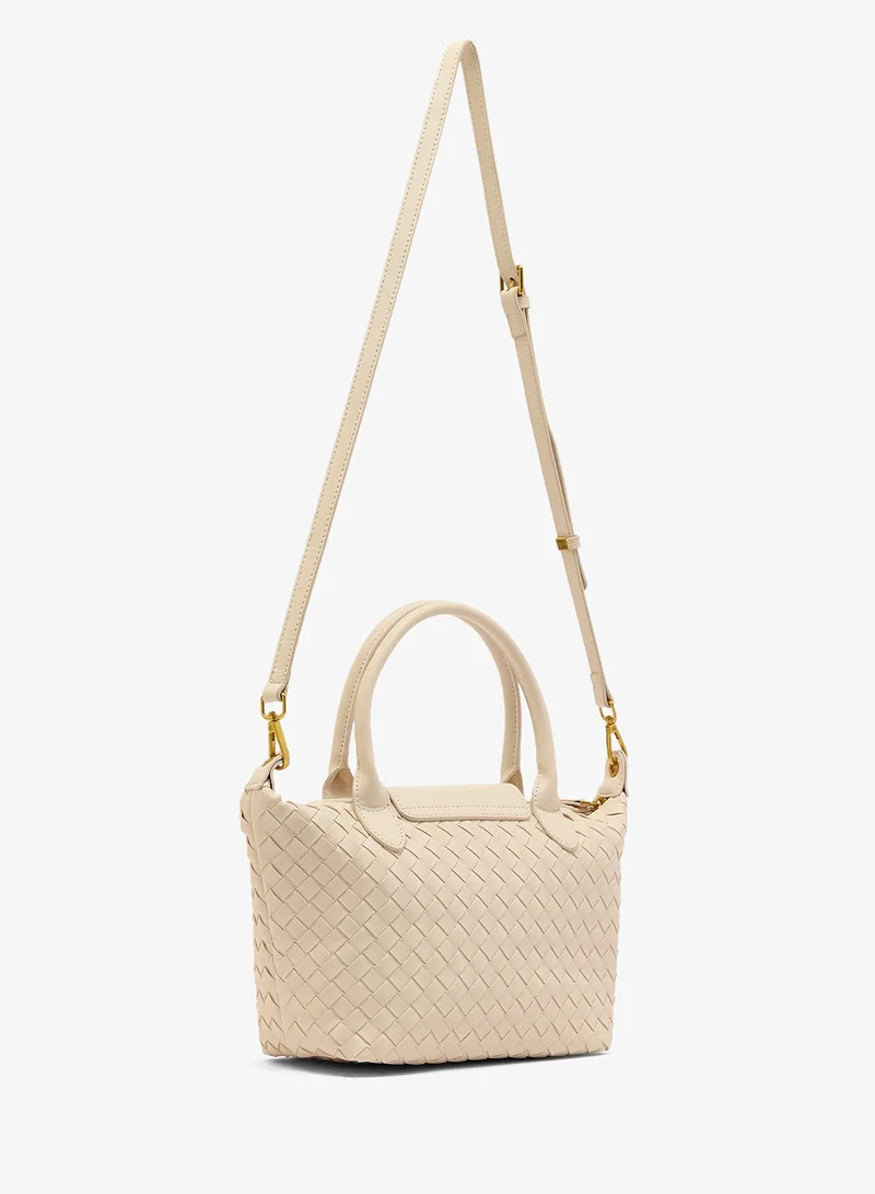 Ella White Woven Textured Top Handle Medium Clutch With Strap for Women | Best Price UAE