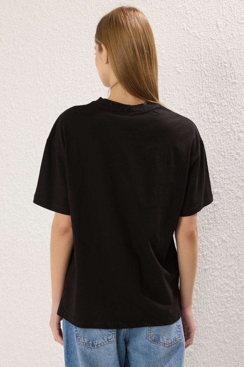 trendyol Black 100% Cotton Embroidered Oversize/Wide Pattern Crew Neck Knitted T-Shirt - Image 4