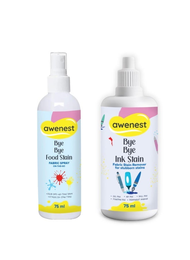Awenest Bye Bye Food Stain & Ink Stain Remover Combo | Removes Food, Ink, Pencil, Marker, and Acrylic Stains from Fabric | Instant Spray Stain Remover | Plant-based, Toxin-Free, Safe for Kids & Fabric - Image 1
