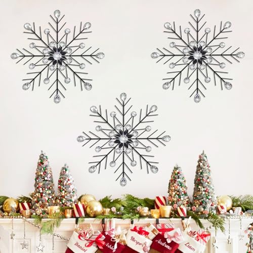 ZEXUIRU 3 Set Black Starburst Wall Art for Home Decor Metal Bling Crystal Rhinestones Sunburst Wall Decor Sparkling Rhinestone Art Accent Black 13in - Image 1