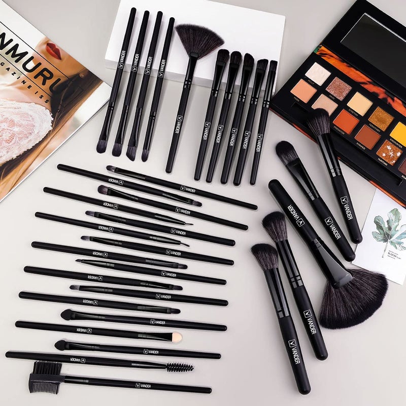 VANDER Make up Brush Set, 32Pcs Professional Premium Synthetic Brochas Para Maquillaje, Foundation Powder Concealers Eyeshadow Eyeliner Brush Travel make up brushes set (Black) - Image 3