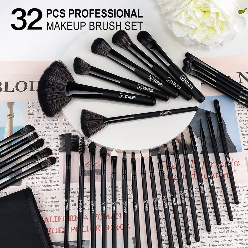 VANDER Make up Brush Set, 32Pcs Professional Premium Synthetic Brochas Para Maquillaje, Foundation Powder Concealers Eyeshadow Eyeliner Brush Travel make up brushes set (Black) - Image 4