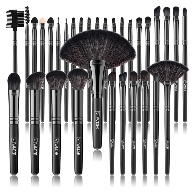 VANDER Make up Brush Set, 32Pcs Professional Premium Synthetic Brochas Para Maquillaje, Foundation Powder Concealers Eyeshadow Eyeliner Brush Travel make up brushes set (Black) - Image 1