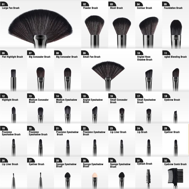 VANDER Make up Brush Set, 32Pcs Professional Premium Synthetic Brochas Para Maquillaje, Foundation Powder Concealers Eyeshadow Eyeliner Brush Travel make up brushes set (Black) - Image 2