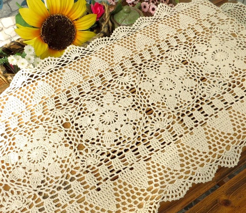 Damanni Rectangular Cotton Handmade Crochet Lace Table Runner Doilies Table Dresser Scarf DÃ©cor,16 Inch by 35 Inchï¼ŒBeige - Image 2
