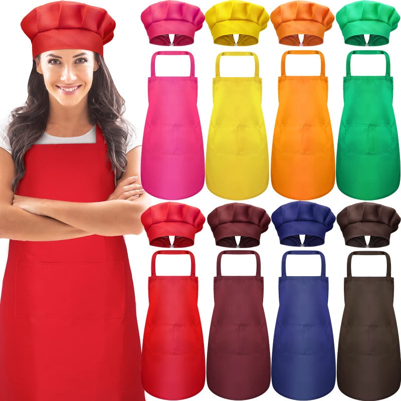 Satinior 8 Sets Apron Chef Hat Set Adjustable Chef Hat And Apron With Pockets Set For Adult Women Men Cook (Classic Colors) - Image 1