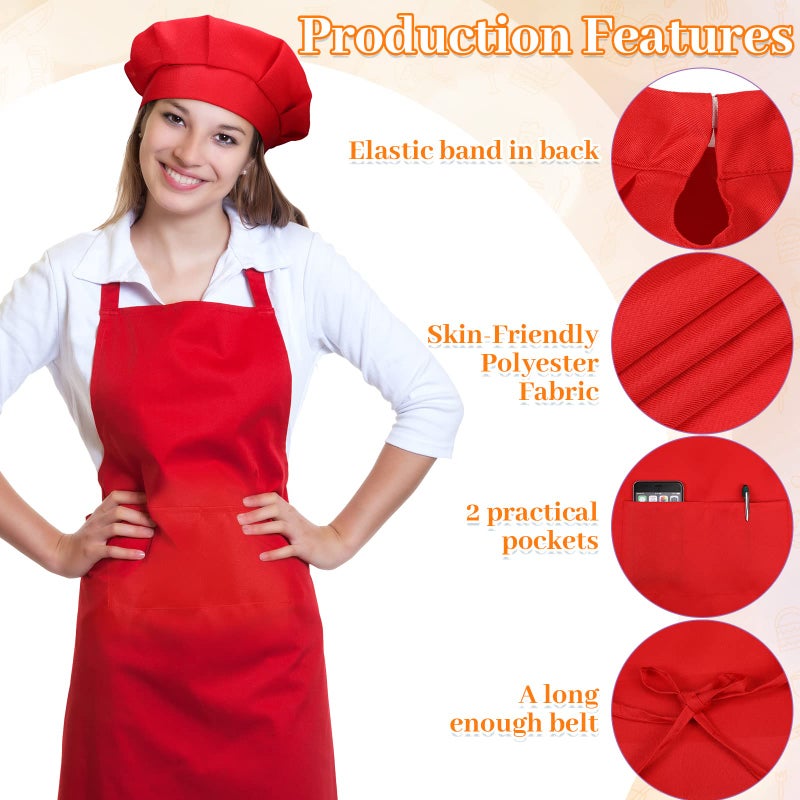 Satinior 8 Sets Apron Chef Hat Set Adjustable Chef Hat And Apron With Pockets Set For Adult Women Men Cook (Classic Colors) - Image 3