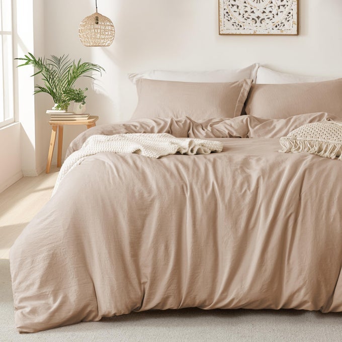 SUPER SOFT DUVET COVER 100 WASHED MICROFIBER RUGBY TAN COMFORTER COVER SET 3 PIECES WITH ZIPPER CLOSURE CORNER TIES NO COMFORTER