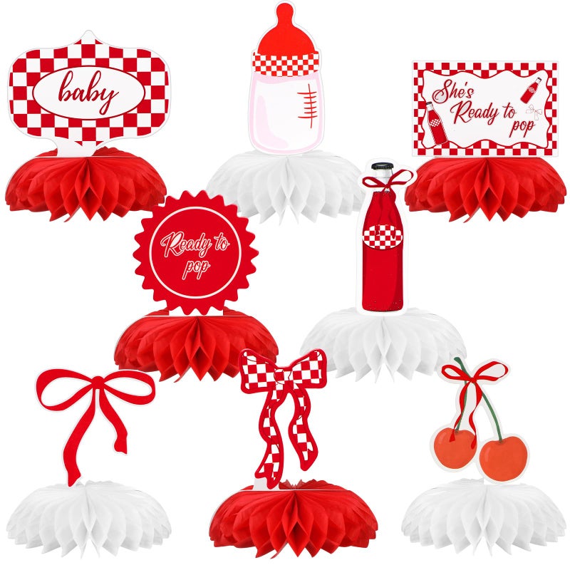 Weekgrat 8 Pcs She's Ready to Pop Baby Shower Decorations She's Ready to Pop Honeycomb Centerpiece Red and White Gingham Table Decor Tabletop Sign for Baby Shower Party Table Decoration Party Supplies - Image 1