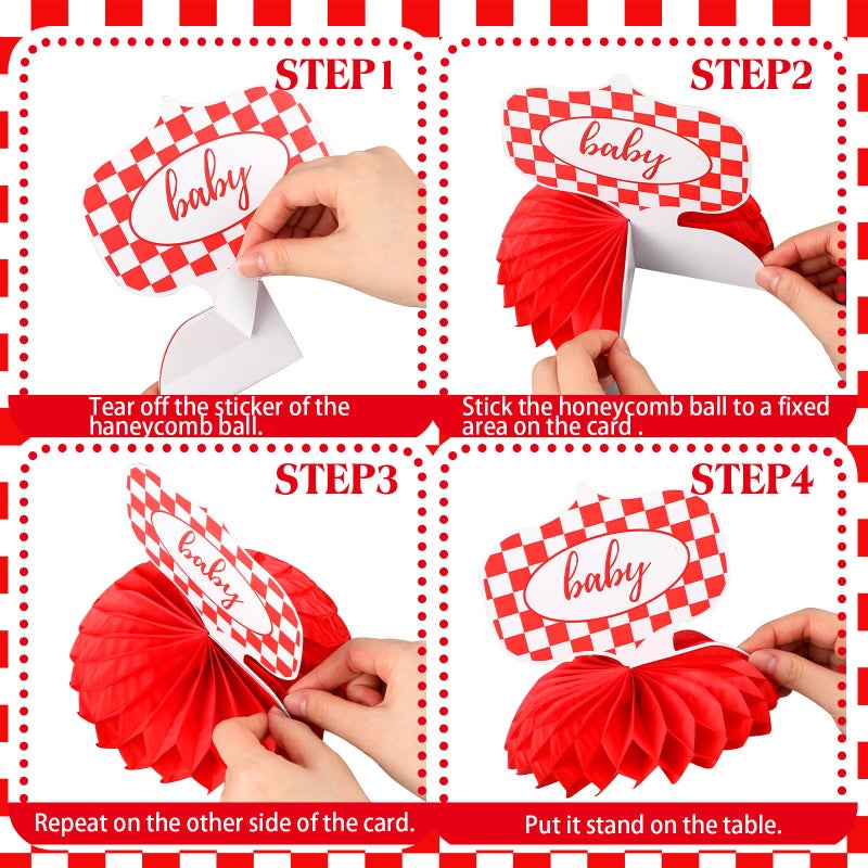 Weekgrat 8 Pcs She's Ready to Pop Baby Shower Decorations She's Ready to Pop Honeycomb Centerpiece Red and White Gingham Table Decor Tabletop Sign for Baby Shower Party Table Decoration Party Supplies - Image 3