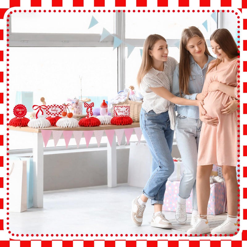 Weekgrat 8 Pcs She's Ready to Pop Baby Shower Decorations She's Ready to Pop Honeycomb Centerpiece Red and White Gingham Table Decor Tabletop Sign for Baby Shower Party Table Decoration Party Supplies - Image 4