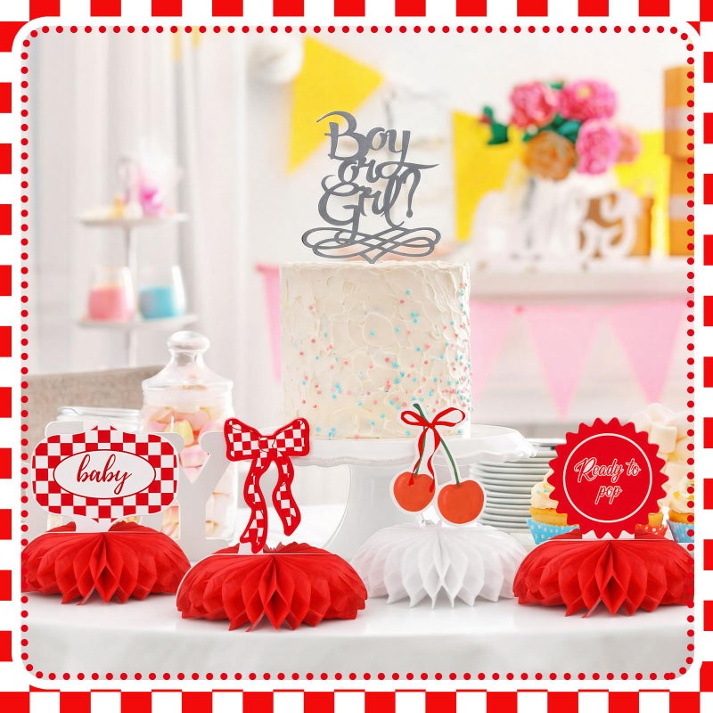 Weekgrat 8 Pcs She's Ready to Pop Baby Shower Decorations She's Ready to Pop Honeycomb Centerpiece Red and White Gingham Table Decor Tabletop Sign for Baby Shower Party Table Decoration Party Supplies - Image 5