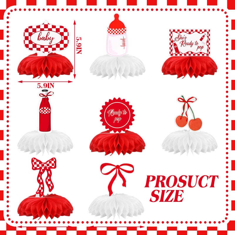 Weekgrat 8 Pcs She's Ready to Pop Baby Shower Decorations She's Ready to Pop Honeycomb Centerpiece Red and White Gingham Table Decor Tabletop Sign for Baby Shower Party Table Decoration Party Supplies - Image 2