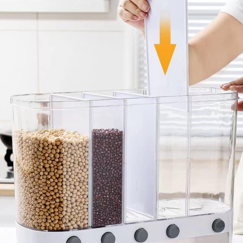 Xilei Dry Food Dispenser,Wall mounted 5 Grid Cereal Dispenser,Rice dispenser 25 pounds Kitchen Storage with Measuring Cup - Image 2