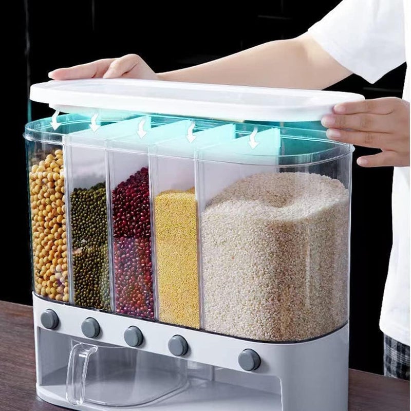 Xilei Dry Food Dispenser,Wall mounted 5 Grid Cereal Dispenser,Rice dispenser 25 pounds Kitchen Storage with Measuring Cup - Image 4