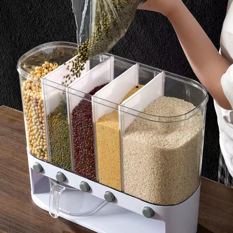 Xilei Dry Food Dispenser,Wall mounted 5 Grid Cereal Dispenser,Rice dispenser 25 pounds Kitchen Storage with Measuring Cup - Image 3
