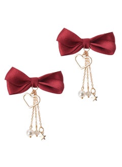 MXXGMYJ Red Bow Hair Clips for Girls Small Hair Bow Barrettes Faux Pearl Tassel Chain Clips Hair Accessories for Women Cute satin Bowknot Hair Clip for Bows Headwear for Toddler Non Slip Clips for Hair 2Pcs 