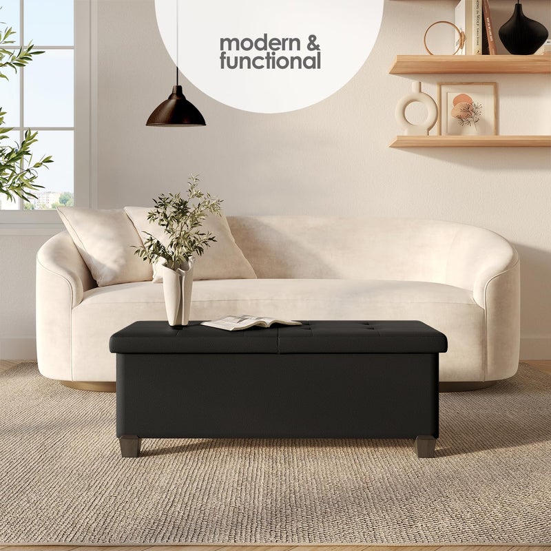 STORAGEBUD Storage Ottoman Bench with Bins, 43-in Storage Bench for Bedroom End of Bed, Folding Foot Rest Ottoman for Living Room Max 660lbs, Faux Leather Ottomans, Black - Image 2