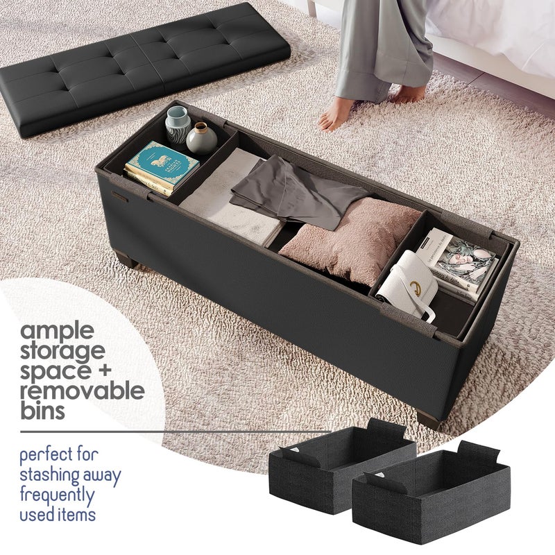 STORAGEBUD Storage Ottoman Bench with Bins, 43-in Storage Bench for Bedroom End of Bed, Folding Foot Rest Ottoman for Living Room Max 660lbs, Faux Leather Ottomans, Black - Image 3