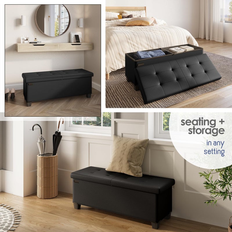 STORAGEBUD Storage Ottoman Bench with Bins, 43-in Storage Bench for Bedroom End of Bed, Folding Foot Rest Ottoman for Living Room Max 660lbs, Faux Leather Ottomans, Black - Image 4