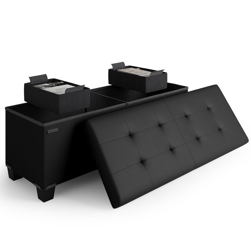 STORAGEBUD Storage Ottoman Bench with Bins, 43-in Storage Bench for Bedroom End of Bed, Folding Foot Rest Ottoman for Living Room Max 660lbs, Faux Leather Ottomans, Black - Image 1