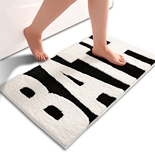Anybar Bathroom Rug Black and White Bath Mats Non Slip Floor Mat Thick Soft Shaggy Bath Rugs Cute Bathroom Deocr Super Absorbent Bathmat Machine Washable Carpet for Shower 16 x 24 - Image 1