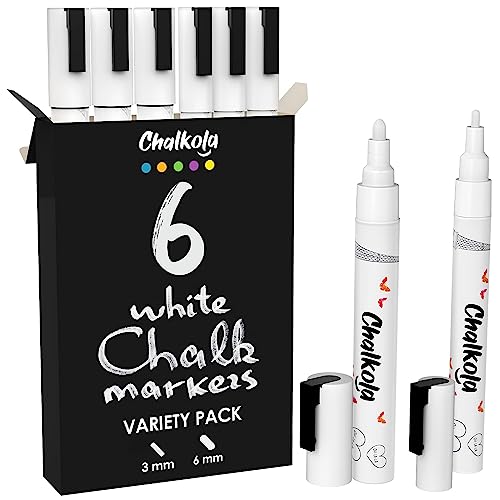 Chalkola 6 White Liquid Chalk Markers - White Dry Erase Liquid Chalk Pens for Chalkboard Signs, Blackboard, Car Window, Glass, Bistro | Variety pack - (3x) 3mm Fine Tip + (3x) 6mm Bold Size Ink Marker - Image 1