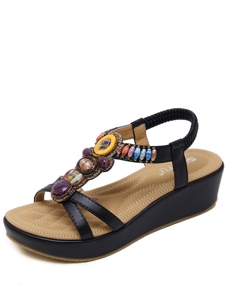 Loquat National Style Beach boho Retro Beaded Wedges Sandals Black 