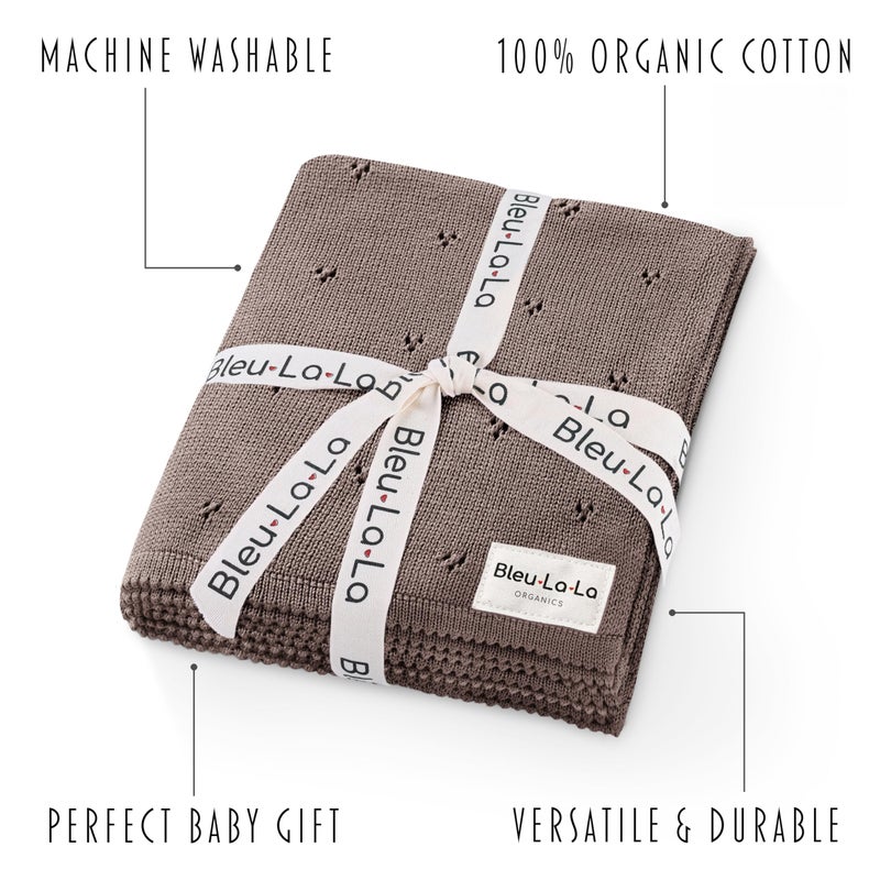 Bleu La La 100% Luxury Organic Cotton Pointelle Knit Baby Blanket â€“ Refined Lightweight Heirloom Nursery Essential (Pointelle - Milk Chocolate) - Image 3
