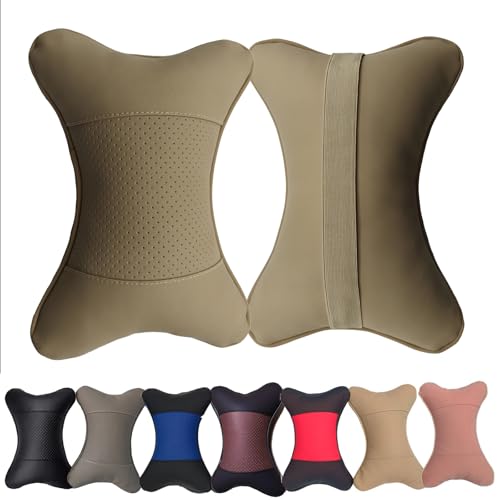 yuhuru Car Neck Pillows Both Side Pu Leather 2pieces Pack Headrest Fit for Most Cars Filled Fiber Universal Car Pillow (Beige) - Image 1