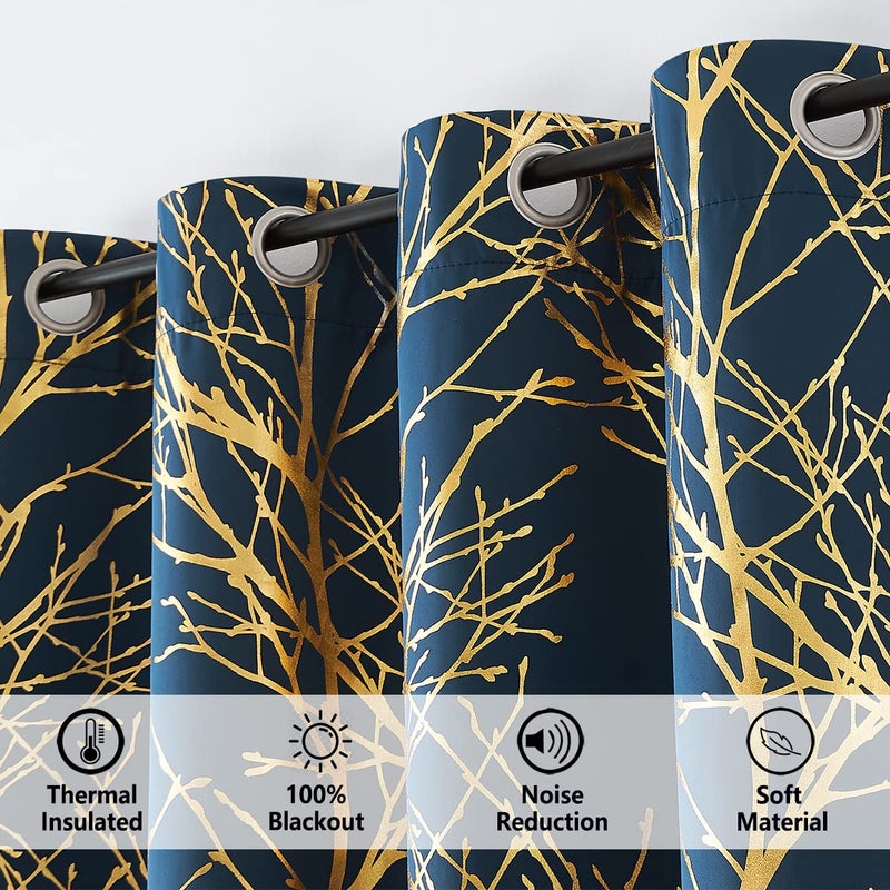 FMFUNCTEX Gold Blue Tree Blackout Curtains for Bedroom Living Room 63inch Foil Print Thermal Insulated Window Drapes Sparkling Metallic Full Blackout Curtain Panels Grommet Top 2pcs - Image 5