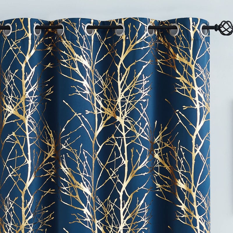 FMFUNCTEX Gold Blue Tree Blackout Curtains for Bedroom Living Room 63inch Foil Print Thermal Insulated Window Drapes Sparkling Metallic Full Blackout Curtain Panels Grommet Top 2pcs - Image 2