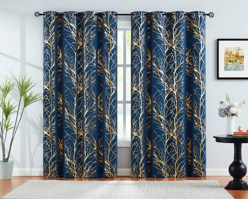 FMFUNCTEX Gold Blue Tree Blackout Curtains for Bedroom Living Room 63inch Foil Print Thermal Insulated Window Drapes Sparkling Metallic Full Blackout Curtain Panels Grommet Top 2pcs - Image 1