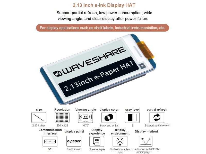 Waveshare 2.13inch E-Ink Display HAT V4 Version, 250x122 Resolution 3.3V/5V Black White Two-Color e-paper Screen Module for Raspberry Pi Zero/Zero W/Zero WH/2B/3B/3B+/4B, Supports Partial Refresh, SPI Interface - Image 2