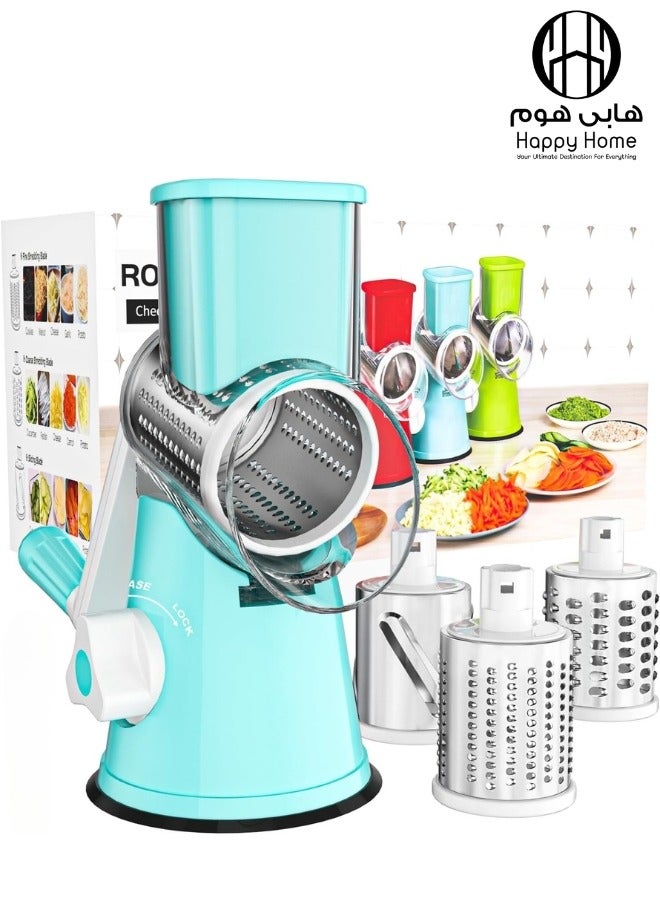Happy Home Cheese Grater Hand Crank - 3-in-1 Stainless Steel Rotary Grater & Shredder for Cheese, Vegetables, Nuts, Chocolate - Easy Crank Manual Food Grinder with Drum Slicer (Blue) - Image 1