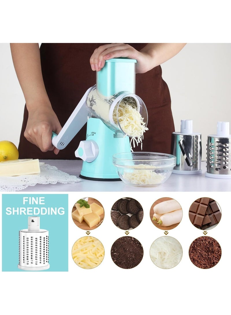 Happy Home Cheese Grater Hand Crank - 3-in-1 Stainless Steel Rotary Grater & Shredder for Cheese, Vegetables, Nuts, Chocolate - Easy Crank Manual Food Grinder with Drum Slicer (Blue) - Image 3