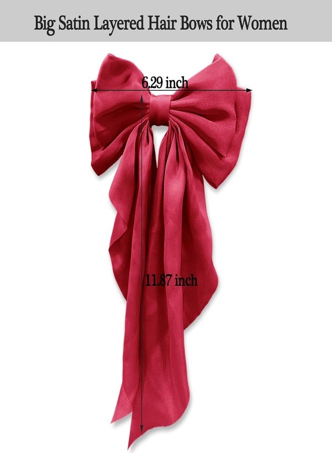 WEXUS Big Satin Layered Hair Bows for Women Girls 11 Inch Barrette Hair Clip Long Black Ribbon Bows French Style Hair Accessories (RED) - Image 2