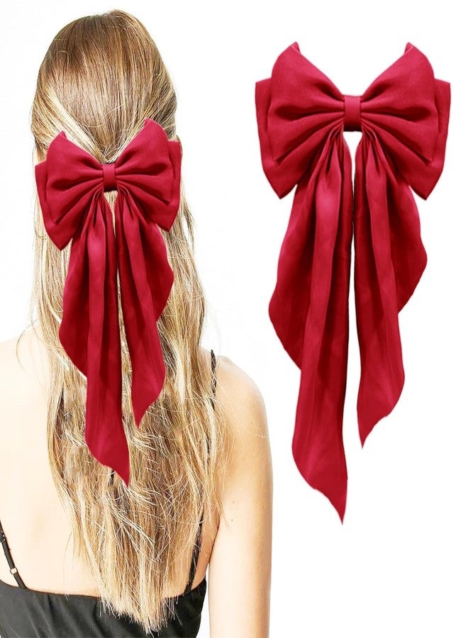 WEXUS Big Satin Layered Hair Bows for Women Girls 11 Inch Barrette Hair Clip Long Black Ribbon Bows French Style Hair Accessories (RED) - Image 1