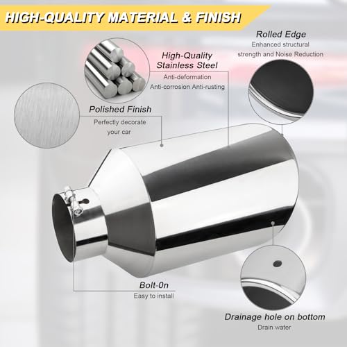 Vurkcy 5 inch Inlet Exhaust Tip, 10" Outlet 18" Overall Length Stainless Steel Exhaust Tail Pipe, Bolt-On, Rolled Edge, Slant Sleek Angle Cut, Polished Tailpipe, Silvery - Image 2