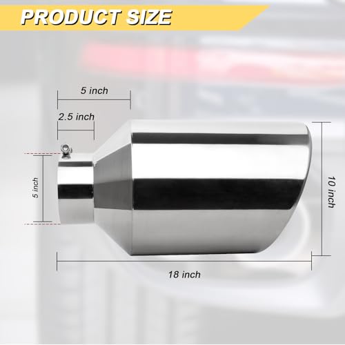 Vurkcy 5 inch Inlet Exhaust Tip, 10" Outlet 18" Overall Length Stainless Steel Exhaust Tail Pipe, Bolt-On, Rolled Edge, Slant Sleek Angle Cut, Polished Tailpipe, Silvery - Image 3
