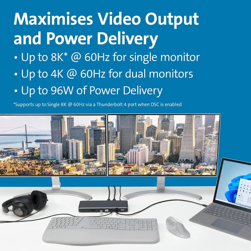 كينغستون محطة إرساء AD2010T4 Thunderbolt 4، شاشة مزدوجة 8K/4K، قارئ بطاقة Micro SD، توصيل طاقة 96 واط، منفذي HDMI، Ethernet، USB-C 3.2 و 4 منافذ USB-A (K34111EU) - Image 5