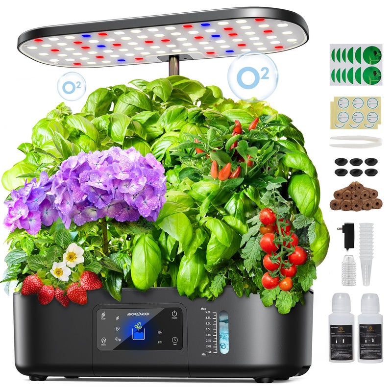 Ahopegarden Hydroponics Growing System Kit Indoor Herb Garden with Grow Light 12 Pods with LCD Touch Panel Hydroponic Planter Planting Height Up to 17 Grower Harvest Fresh Veggie Lettuce Black